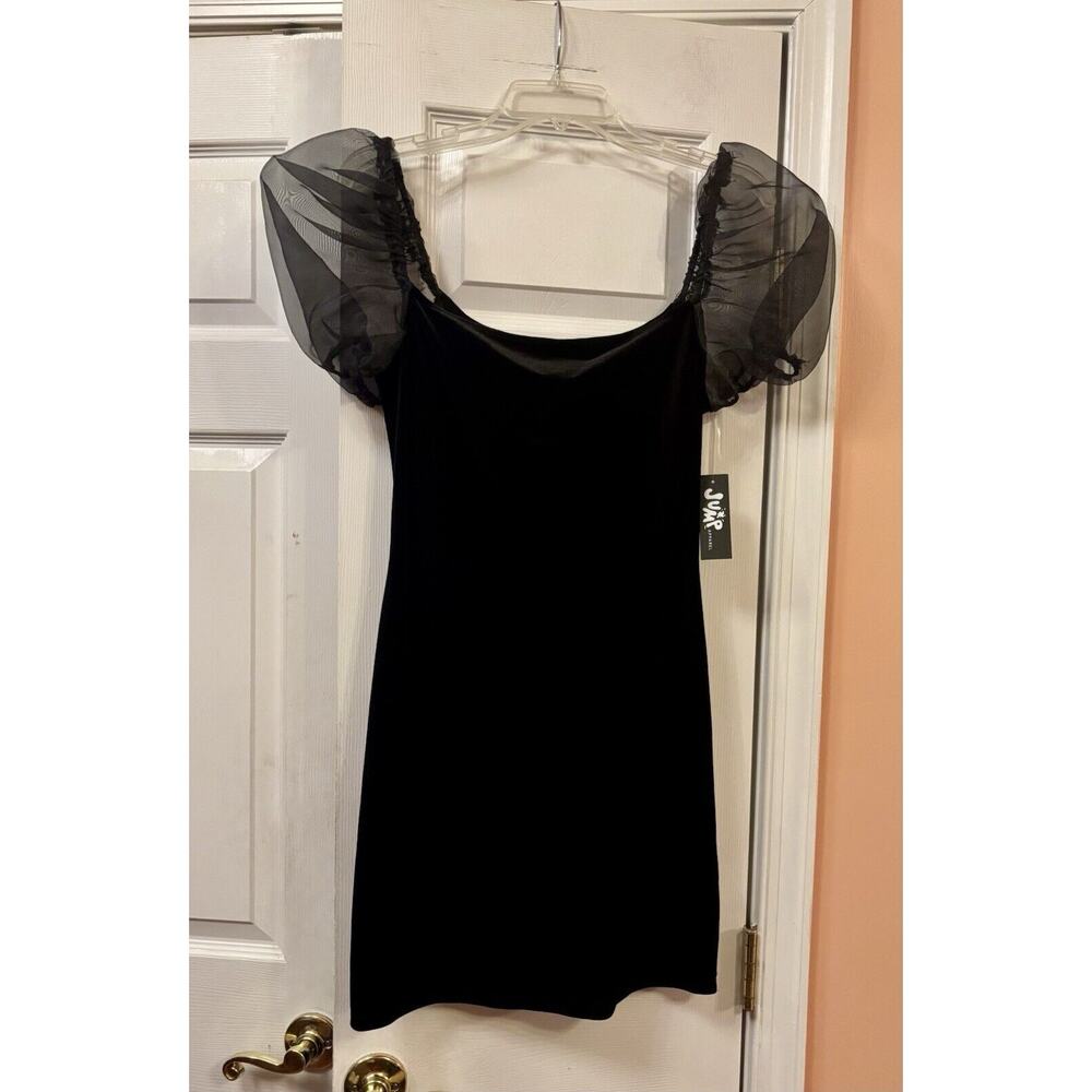NWT Jump Apparel Black Velour Mini Dress Juniors 13/14 Tulle Puff Sleeves Prom